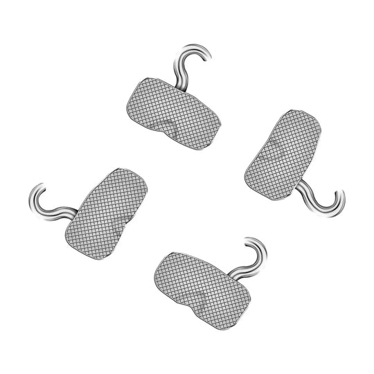 1st Molar Bondable Tube with Sliding Crimpable Hook Roth 0.022 4/Bag: Four silver-colored orthodontic devices with textured rectangular bases and curved hooks, arranged in a circular pattern on a white background. Each device features a mesh-like surface for bonding.