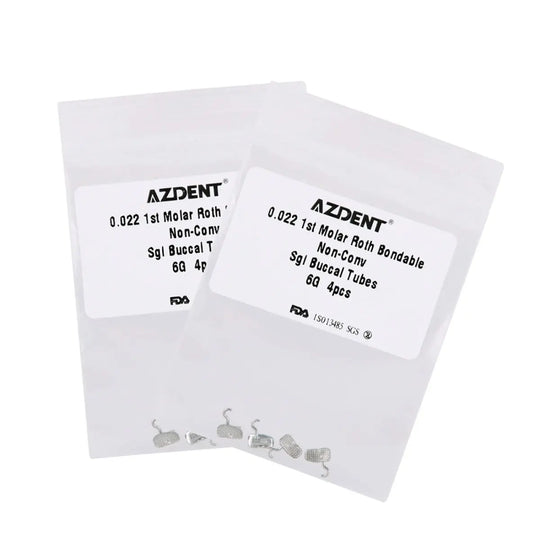 1st Molar Bondable Tube with Sliding Crimpable Hook Roth 0.022 4/Bag. Two white packages labeled AZDENT containing dental orthodontic tubes. Small metal components visible at bottom of image. Non-convertible single tubes for first molar, Roth 0.022 system, 4 pieces per kit.