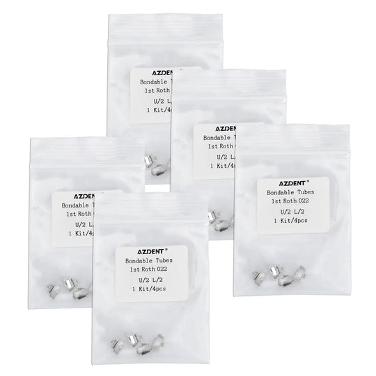 Bondable Tube 1st Molar Non-Convertible Roth 0.022 U2L2 4/Bag: Five sealed transparent bags containing small silver dental orthodontic tubes. Each bag is labeled with product details and contains multiple metallic tubes visible through the packaging.