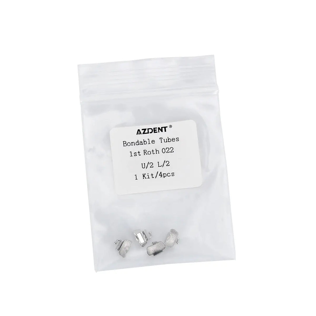 Clear plastic bag containing Bondable Tube 1st Molar Non-Convertible Roth 0.022 U2L2 4/Bag dental orthodontic components. White label with product details visible. Four small metallic orthodontic tubes visible at bottom of bag.