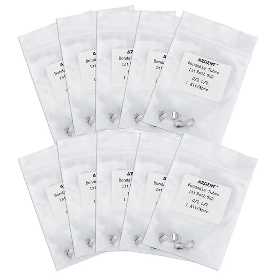 Bondable Tube 1st Molar Non-Convertible Roth 0.022 U2L2 4/Bag displayed as multiple sealed white plastic packaging bags containing dental orthodontic buccal tubes visible through clear windows, arranged in rows for dental treatment of first molars