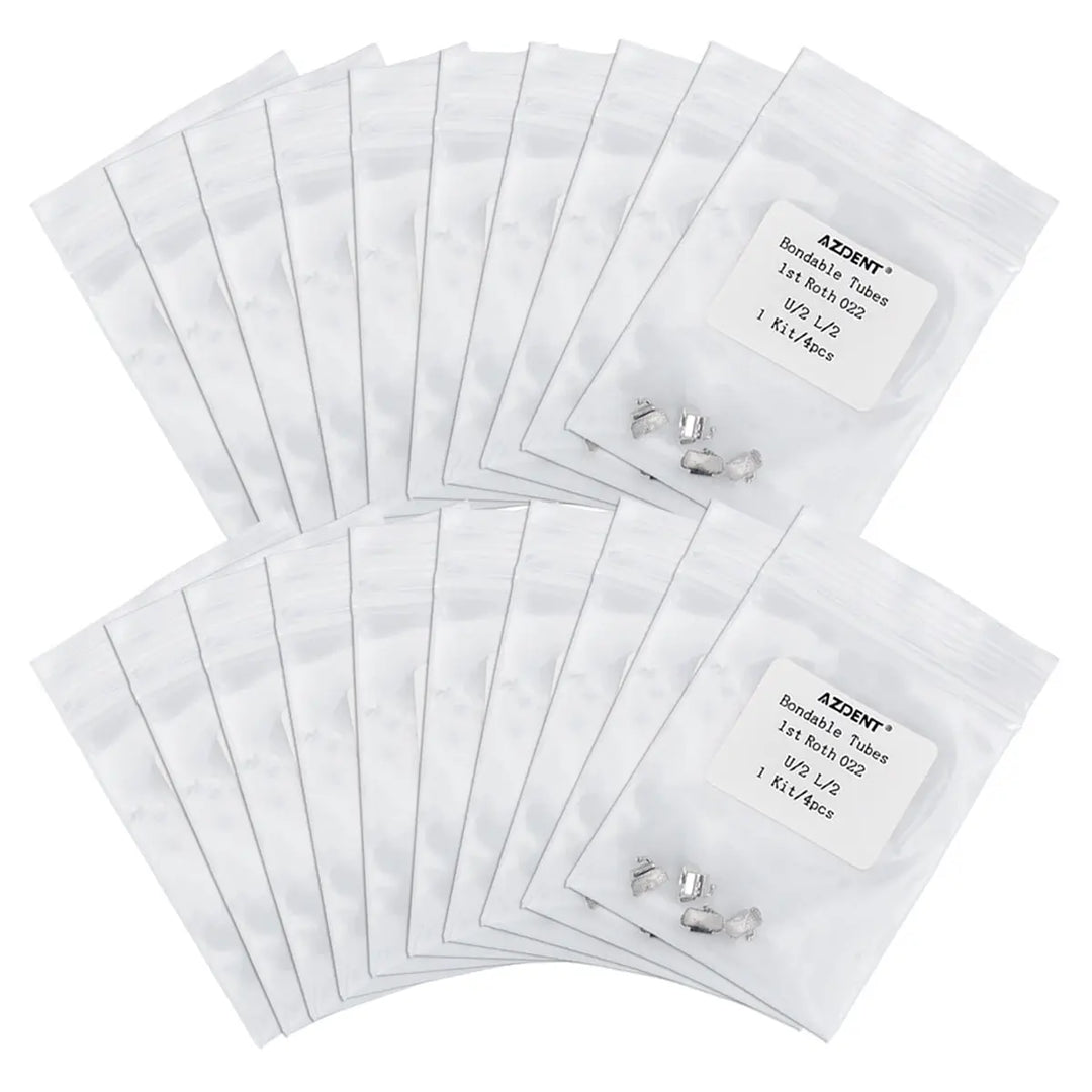 Multiple sealed packages of Bondable Tube 1st Molar Non-Convertible Roth 0.022 U2L2 4/Bag dental orthodontic supplies, arranged in rows, showcasing the product's packaging and quantity for orthodontic treatments.