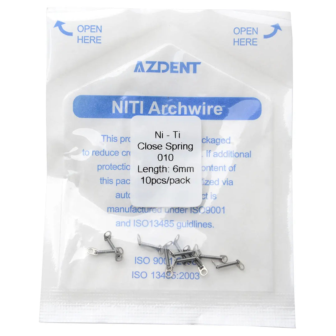 Dental Orthodontic Accessory Closed Coil Spring 0.010 6mm 10pcs/Bag: AZDENT NiTi Archwire package containing small metallic closed coil springs for orthodontic use, 6mm length, 10 pieces per pack, with product details and opening instructions visible on the packaging.