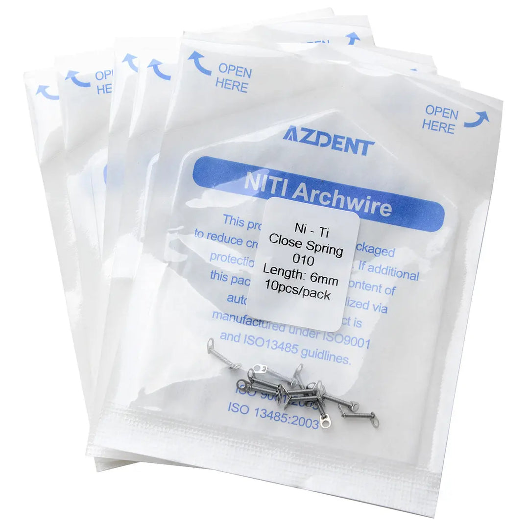 Dental Orthodontic Accessory Closed Coil Spring 0.010 6mm 10pcs/Bag: Multiple sealed packages of AZDENT NiTi Archwire closed springs, 6mm length, 10 pieces per pack, visible through transparent packaging with blue text and product details.