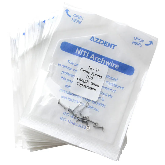 Dental Orthodontic Accessory Closed Coil Spring 0.010 6mm 10pcs/Bag: Image shows AZDENT NiTi Archwire packets, each containing 10 pieces of 6mm length, 0.010 diameter orthodontic springs, used for maintaining proper spacing in dental procedures.