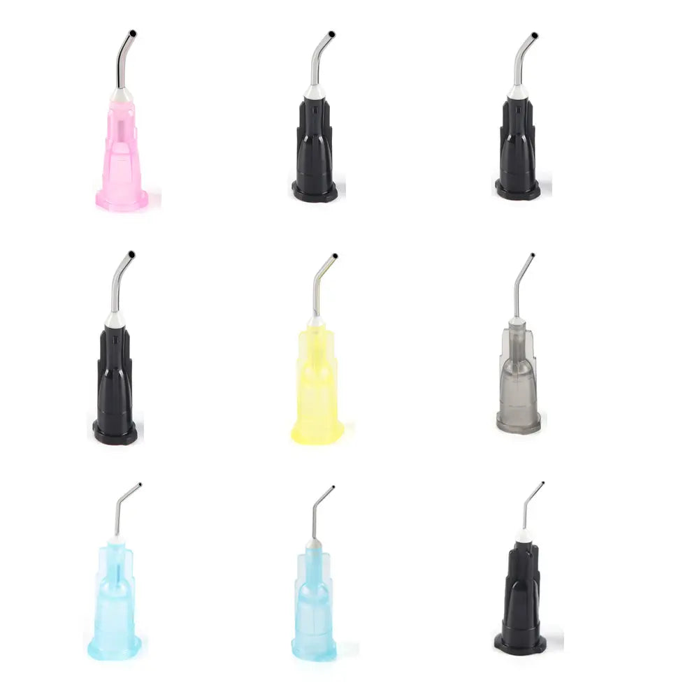 5 Bags Dental Pre Bent Needle Tips 9 Models 100pcs/Bag: Assortment of colorful plastic dental needle tips in various sizes, including pink, black, yellow, blue, and clear, arranged in three rows of three, showcasing different models for luer lock syringes.