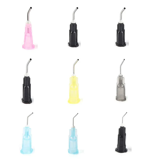 5 Bags Dental Pre Bent Needle Tips 9 Models 100pcs/Bag: Assortment of colorful plastic dental needle tips in various sizes, including pink, black, yellow, blue, and clear, arranged in three rows of three, showcasing different models for luer lock syringes.