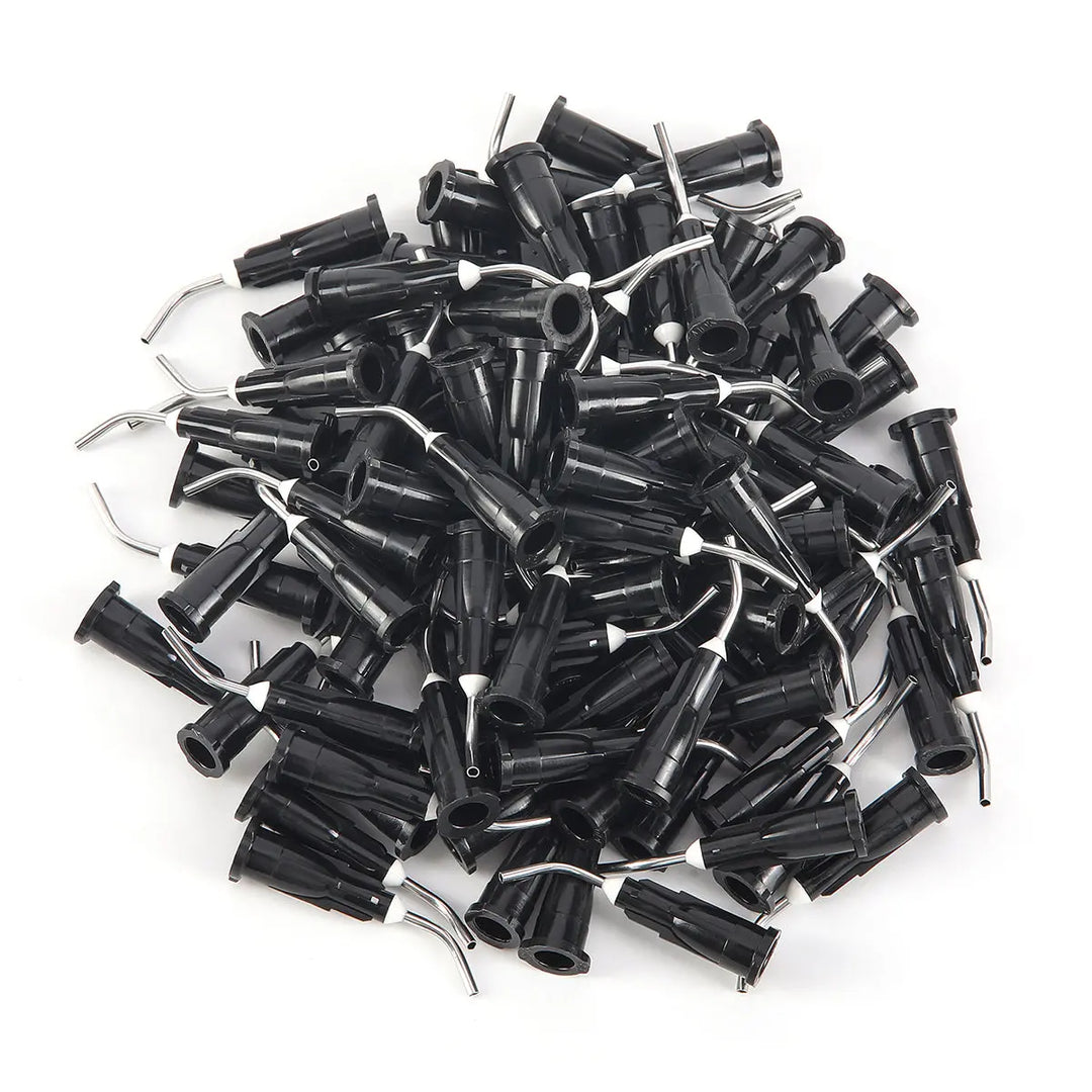 Assorted dental pre bent needle tips for 5 Bags Dental Pre Bent Needle Tips 9 Models 100pcs/Bag, showing various sizes of black plastic tips with metal needles, arranged in a pile on a white background