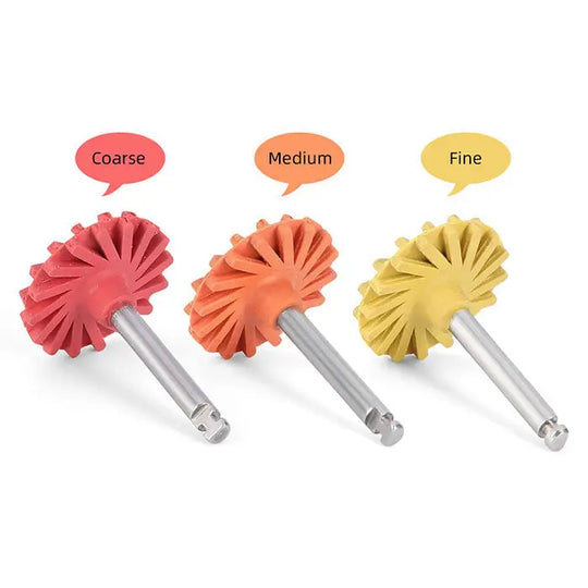 Dental Composite Polishing Wheel Rubber Polisher set showing coarse (red), medium (orange), and fine (yellow) grits. Each wheel features a fluted design with metal shank for dental rotary instruments, suitable for polishing composites and ceramics.