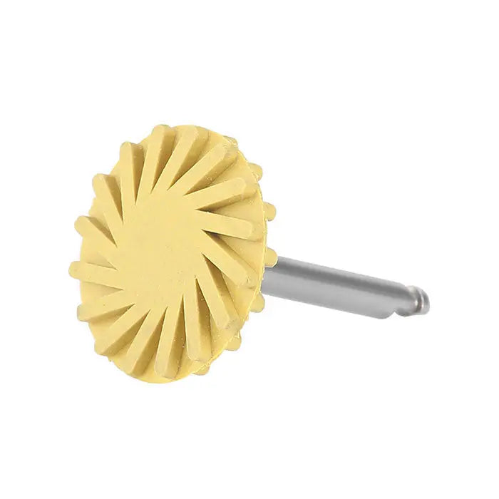 Dental Composite Polishing Wheel Rubber Polisher, yellow fine-grit wheel with spiral pattern on metal shank, for precise dental polishing of composites and ceramics. Part of Coarse/Medium/Fine set, 1pc/Bag.