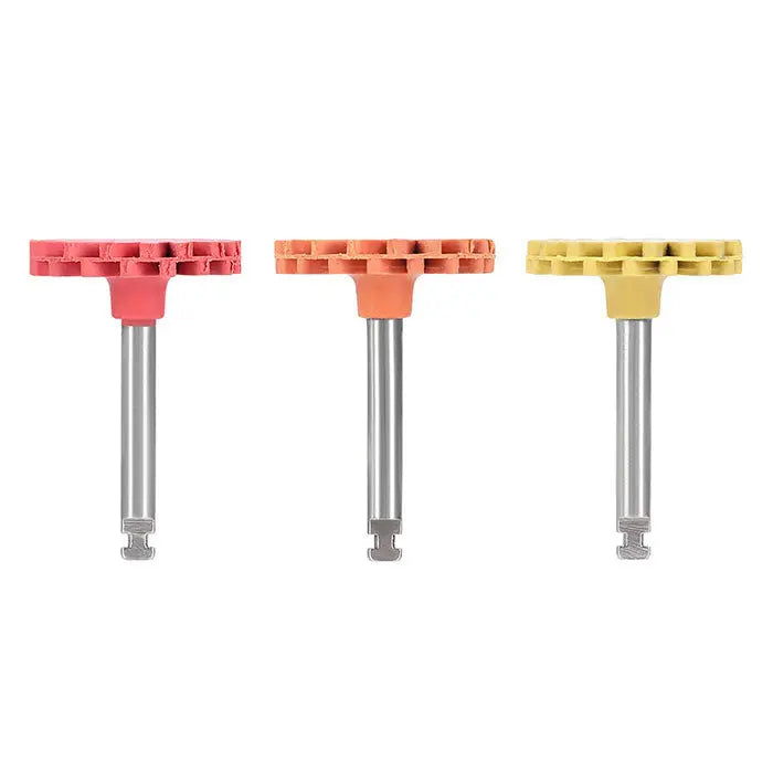 Dental Composite Polishing Wheel Rubber Polisher set in red, orange, and yellow for coarse, medium, and fine grit. Metal shanks attached. Dental rotary instruments for grinding and polishing composites and ceramics.