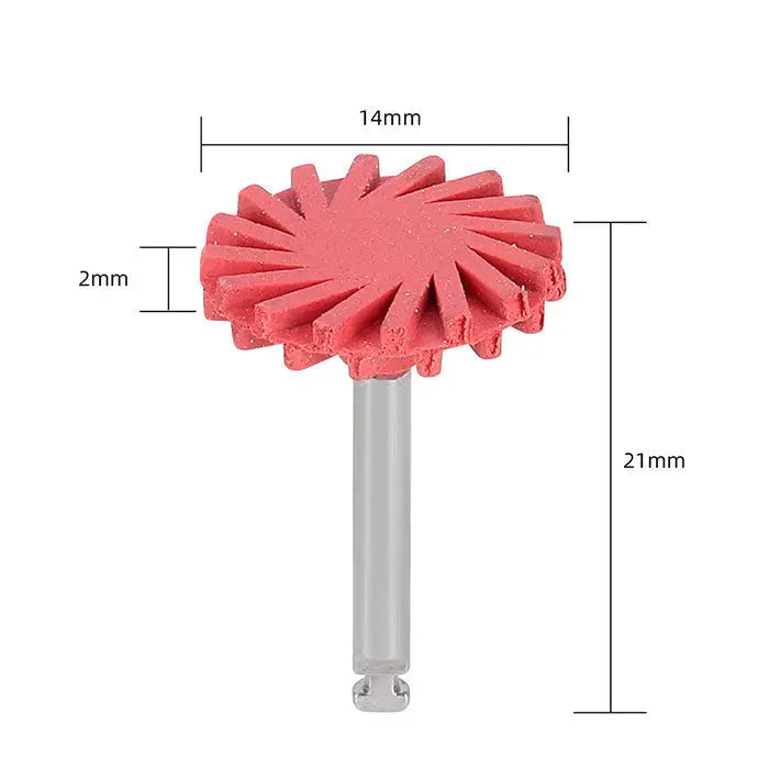 Dental Composite Polishing Wheel Rubber Polisher, red coarse grit, 14mm diameter, 2mm thick, with 21mm long metal shank. Used for dental rotary grinding and polishing of composite and ceramic materials. Part of Coarse/Medium/Fine set.