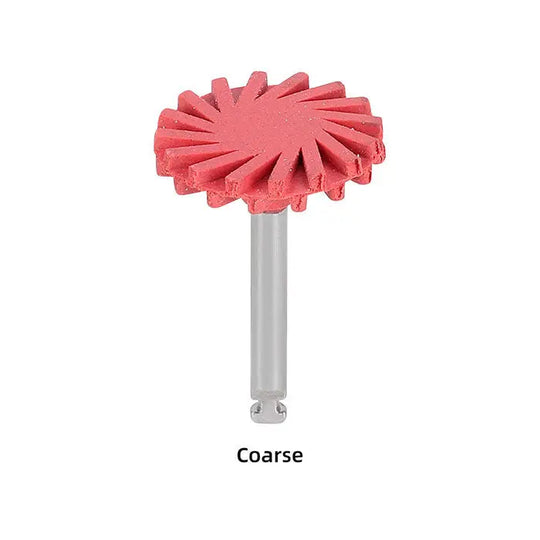 Dental Composite Polishing Wheel Rubber Polisher Coarse, red sunburst-shaped polishing head on metal shank, for dental rotary grinding and polishing of composite and ceramic materials, autoclavable, RA 2.35mm shank diameter