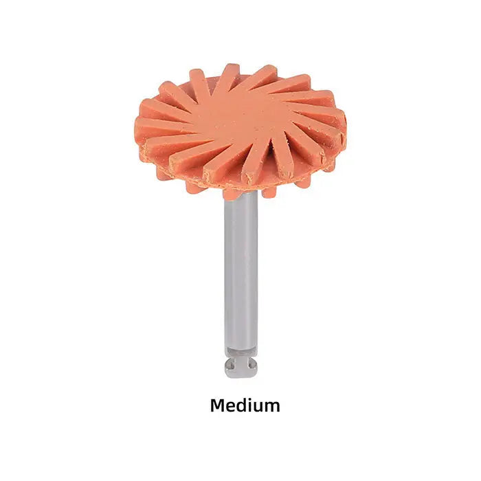 Dental Composite Polishing Wheel Rubber Polisher Medium grit, orange sunburst-shaped head on metal shank, for dental rotary grinding and polishing of composite and ceramic materials, autoclavable