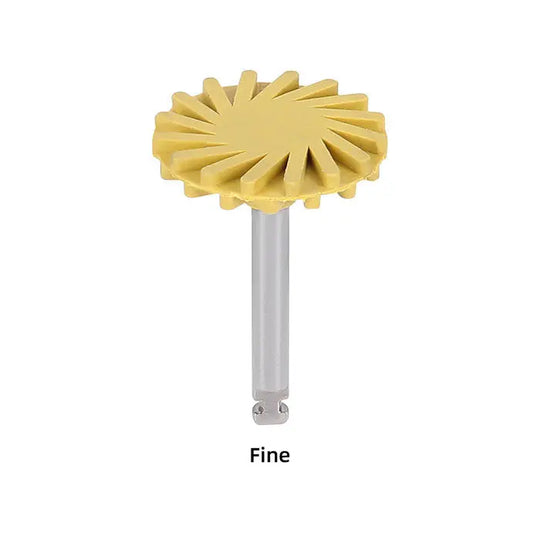 Dental Composite Polishing Wheel Rubber Polisher Fine 1pc/Bag, yellow sunburst-shaped head on metal shank, for precision dental work, suitable for composite and ceramic polishing, autoclavable dental instrument