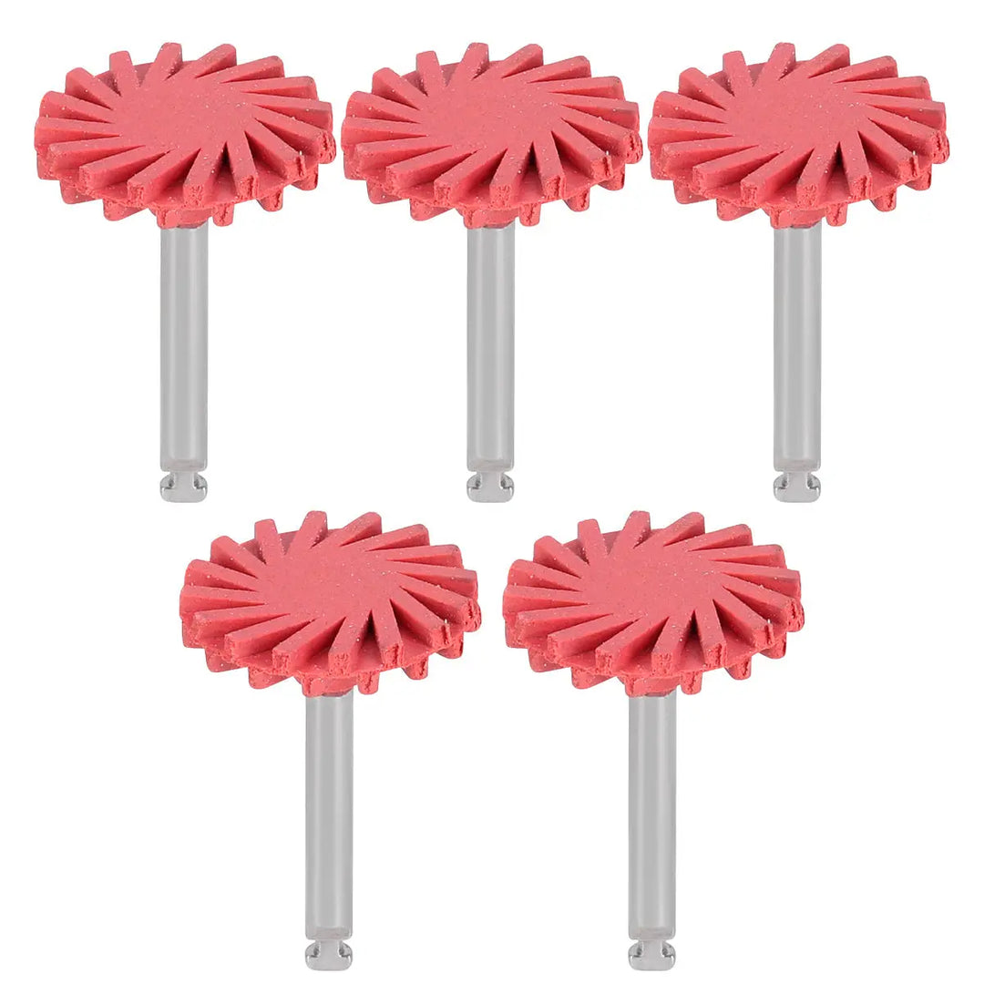 Dental Composite Polishing Wheel Rubber Polisher set of 5 red coarse-grit wheels with metal shanks for dental rotary grinding and polishing of composite and ceramic materials, autoclavable, recommended speed 7,000-12,000 RPM