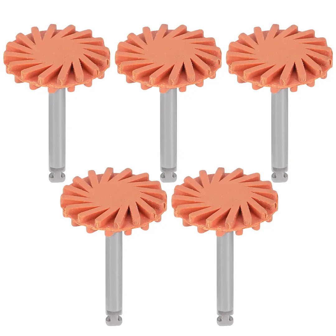 Dental Composite Polishing Wheel Rubber Polisher set of five orange sunburst-shaped wheels on metal shanks for coarse, medium, and fine polishing of dental composites and ceramics, autoclavable dental rotary instruments