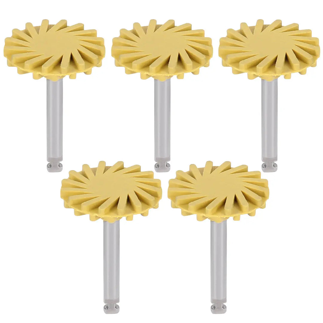 Dental Composite Polishing Wheel Rubber Polisher set of 5 yellow sun-shaped discs with metal shanks for coarse, medium, and fine polishing of dental composites and ceramics, suitable for use with dental rotary instruments