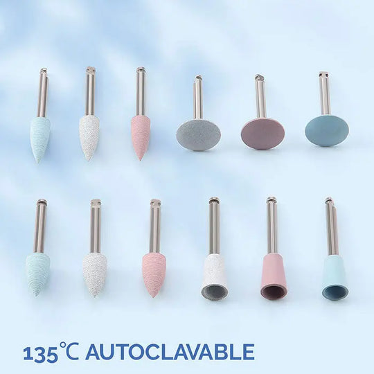 Dental Silicone Polishing Kit with 10 pieces in various shapes and colors for composite, natural teeth, and porcelain finishing and polishing. Includes conical and disc-shaped tools in pastel shades, autoclavable at 135°C, suitable for contra angle handpiece.