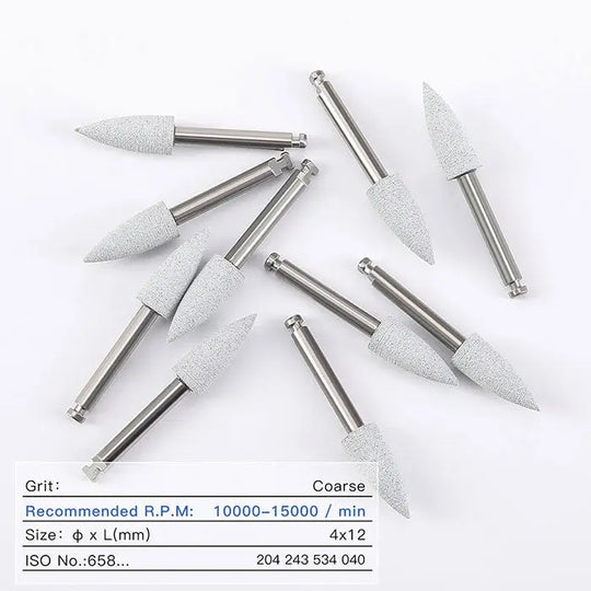 Dental Silicone Polishing Kit for Composite, Natural Teeth, and Porcelain Finishing. Set of 10 coarse grit polishing burs with metal shanks and white abrasive tips, arranged on a white background. Includes product specifications for size and recommended RPM.