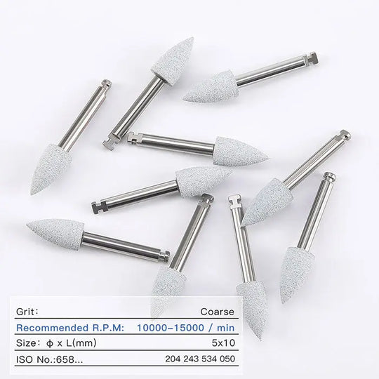 Dental Silicone Polishing Kit for Composite/Natural Teeth/Porcelain: Coarse grit polishing burs with metal shanks and white abrasive tips, displayed on a white background with technical specifications visible.