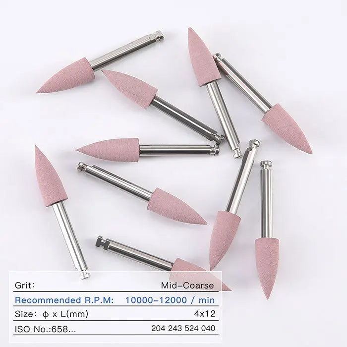 Dental Silicone Polishing Kit with pink mid-coarse polishing burs for composite, natural teeth, and porcelain finishing. Set of 10 pieces with metal shanks and conical silicone tips, shown against white background. Product information visible.