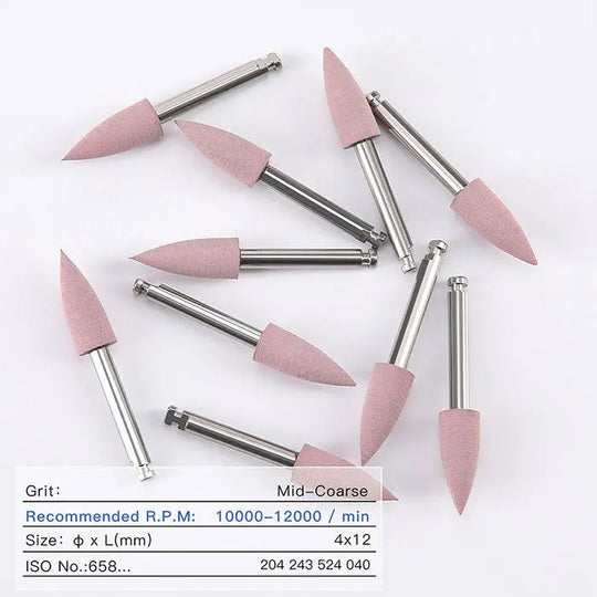 Dental Silicone Polishing Kit with pink mid-coarse polishing burs for composite, natural teeth, and porcelain finishing. Set of 10 pieces with metal shanks and conical silicone tips, shown against white background. Product information visible.