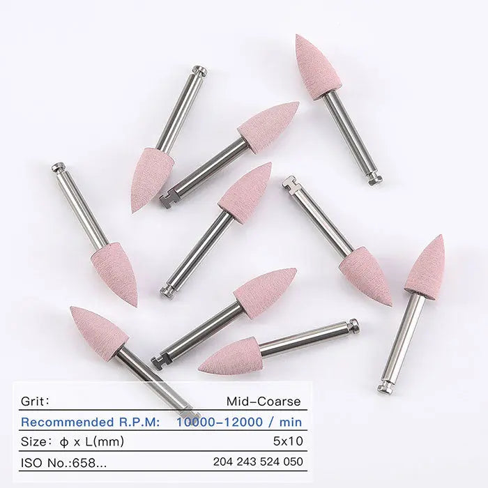 Dental Silicone Polishing Kit with pink mid-coarse bullet-shaped polishers for composite, natural teeth, and porcelain finishing. Multiple polishers displayed with metal shanks and silicone tips, showing size and grit specifications for contra angle handpiece use.