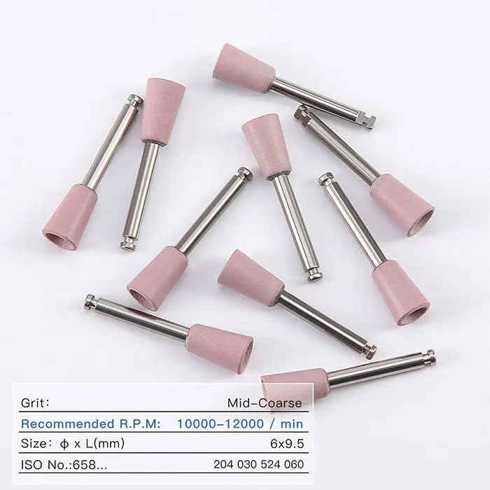 Dental Silicone Polishing Kit for Composite/Natural Teeth/Porcelain Finishing and Polishing, 10pcs/Bag. Image shows pink mid-coarse polishing heads with metal shanks, suitable for contra angle handpiece. Product details visible in the image include grit type and recommended RPM.