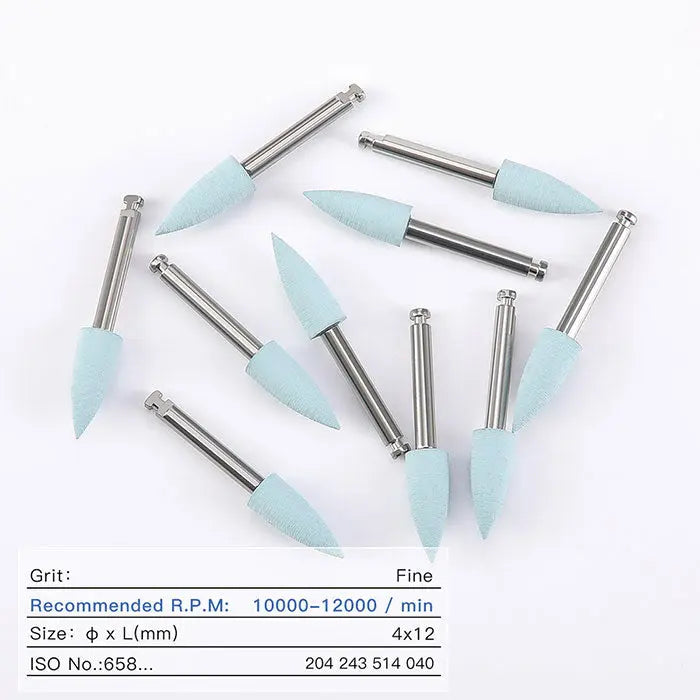 Dental Silicone Polishing Kit for Composite/Natural Teeth/Porcelain Finishing and Polishing. Light blue silicone polishing tips with metal shanks arranged on white background. Fine grit, 4x12mm size, recommended RPM 10000-12000/min. 10 pieces per bag for contra angle handpiece.