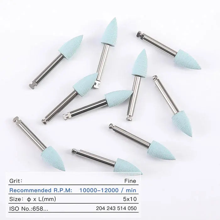 Dental Silicone Polishing Kit with light blue polishing heads and metal shanks for composite, natural teeth, and porcelain finishing. Set of 10 pieces for contra angle handpiece, suitable for fine polishing as indicated by the product specifications.