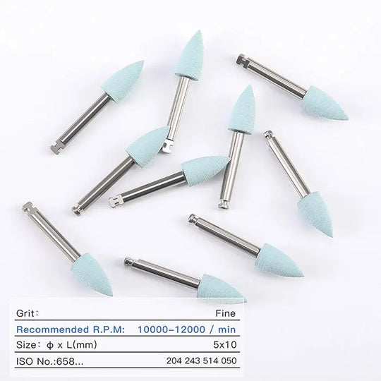 Dental Silicone Polishing Kit with light blue polishing heads and metal shanks for composite, natural teeth, and porcelain finishing. Set of 10 pieces for contra angle handpiece, suitable for fine polishing as indicated by the product specifications.