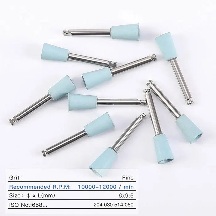 Dental Silicone Polishing Kit for Composite/Natural Teeth/Porcelain Finishing and Polishing. Image shows multiple light blue silicone polishing tips attached to metal shanks, scattered on white background. Text indicates fine grit and recommended RPM for dental procedures.