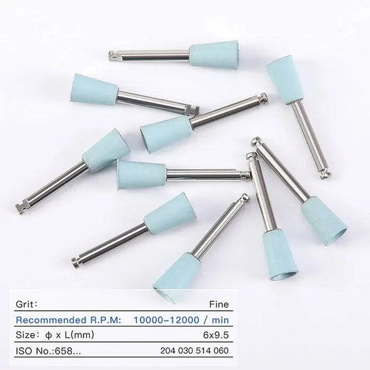 Dental Silicone Polishing Kit for Composite/Natural Teeth/Porcelain Finishing and Polishing. Image shows multiple light blue silicone polishing tips attached to metal shanks, scattered on white background. Text indicates fine grit and recommended RPM for dental procedures.