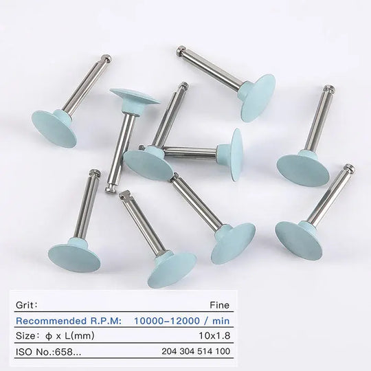 Dental Silicone Polishing Kit featuring light blue polishing heads with metal shanks for composite, natural teeth, and porcelain finishing. Set of 10 pieces with fine grit, recommended RPM 10000-12000, size 10x1.8mm, for contra angle handpiece use.