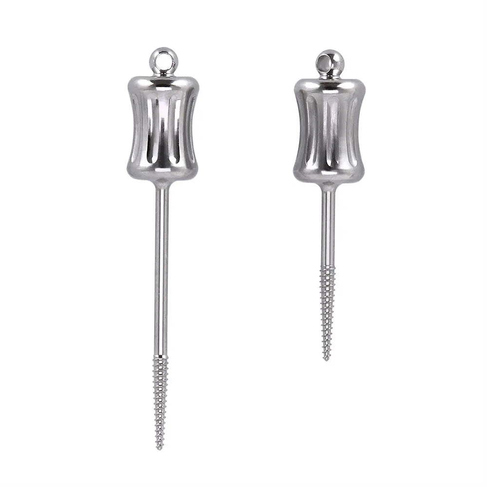 Dental Mini Manual Extractor Apical Root Fragments Drill Short & Long 2 pcs/Bag: Two stainless steel dental tools with curved handles and long, threaded shafts for extracting root fragments. One tool has a smooth shaft, while the other has a threaded shaft for better grip.