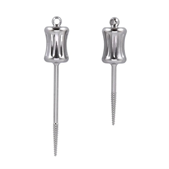 Dental Mini Manual Extractor Apical Root Fragments Drill Short & Long 2 pcs/Bag: Two stainless steel dental tools with curved handles and long, threaded shafts for extracting root fragments. One tool has a smooth shaft, while the other has a threaded shaft for better grip.