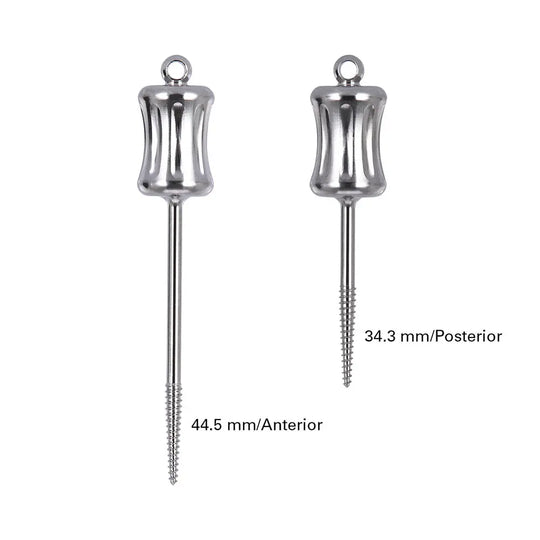 Dental Mini Manual Extractor Apical Root Fragments Drill Short & Long 2 pcs/Bag - Stainless steel dental tools with tapered handles and threaded ends for extracting root fragments. One long drill (44.5mm) and one short drill (34.3mm) shown side by side with measurements.