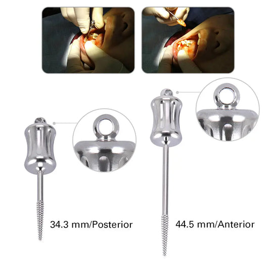 Dental Mini Manual Extractor Apical Root Fragments Drill Short & Long 2 pcs/Bag: Stainless steel dental tools with short and long drills, close-up of usage during dental procedure, and detailed product measurements for anterior and posterior application.