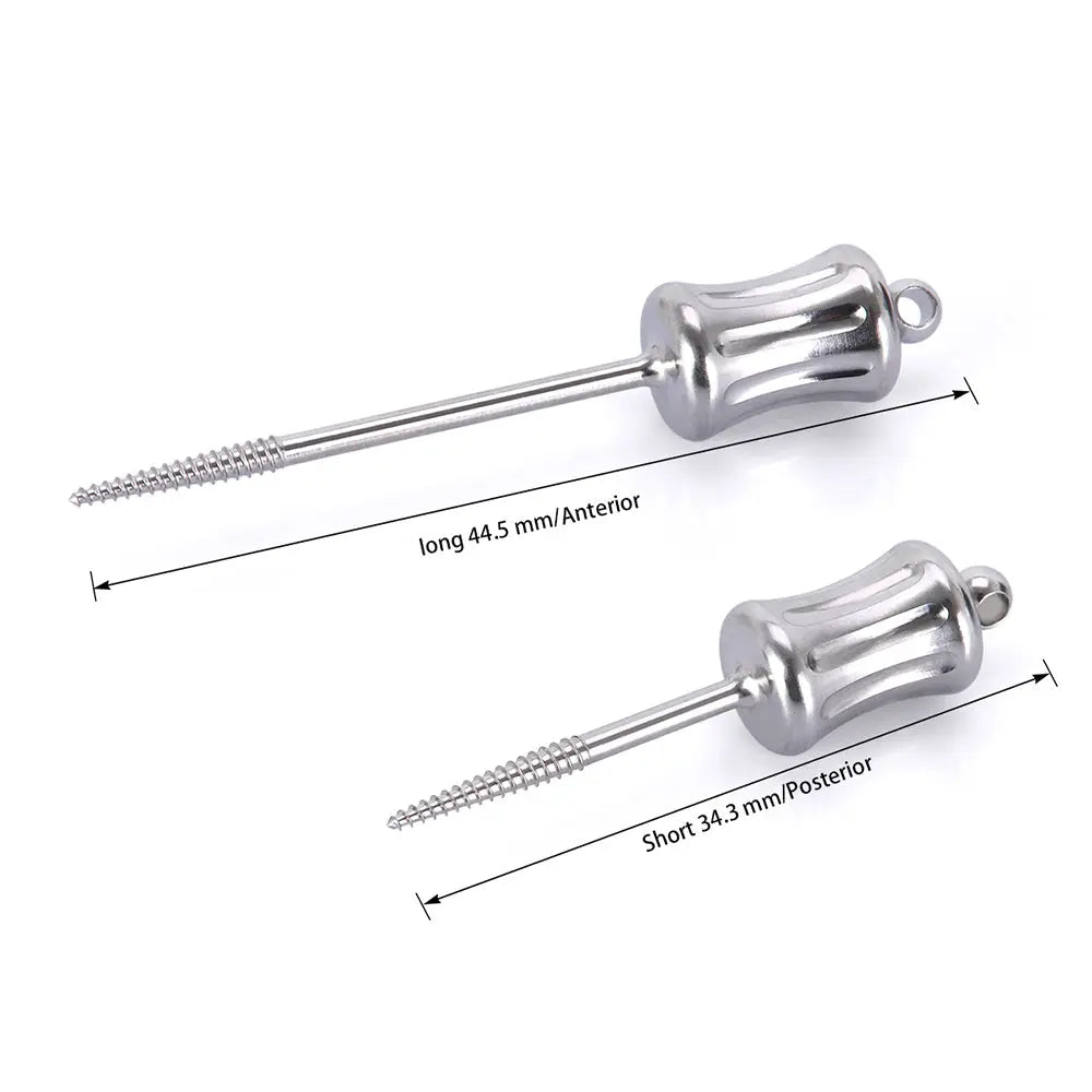 Dental Mini Manual Extractor Apical Root Fragments Drill Short & Long 2 pcs/Bag, showing two stainless steel dental tools with threaded tips and cylindrical handles, one longer and one shorter, with measurements displayed