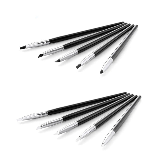 Dental Porcelain Brush Pen set with 5 different silicone tip shapes for composite cement shaping, smoothing, and removing. Black handles with silver metal ferrules. Specialized tools for dental and art work.