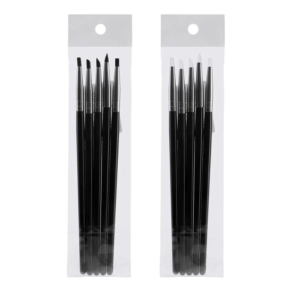 Dental Porcelain Brush Pen set featuring 10 black silicone tipped tools in two clear packages, each containing 5 brushes with different shaped tips for composite cement shaping, smoothing, and removing in dental work.