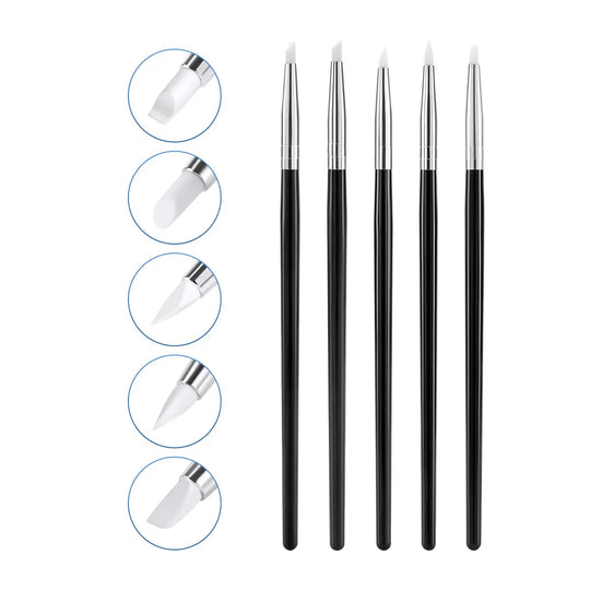 Dental Porcelain Brush Pen set with 5 different silicone nib shapes for composite cement shaping, smoothing, and removing. Black handles with silver tips, alongside circular close-ups of each nib design. Professional dental tools for precise work.