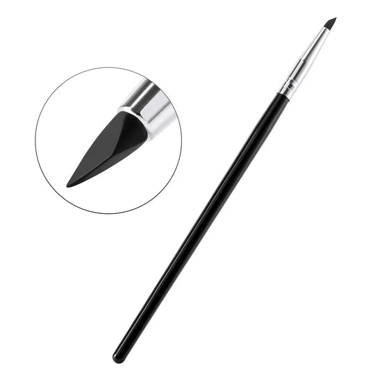 Dental Porcelain Brush Pen with black handle and pointed silicone tip for composite cement shaping and smoothing. Close-up of precision nib shown in circular inset. Part of 5-piece set for dental work and art applications.