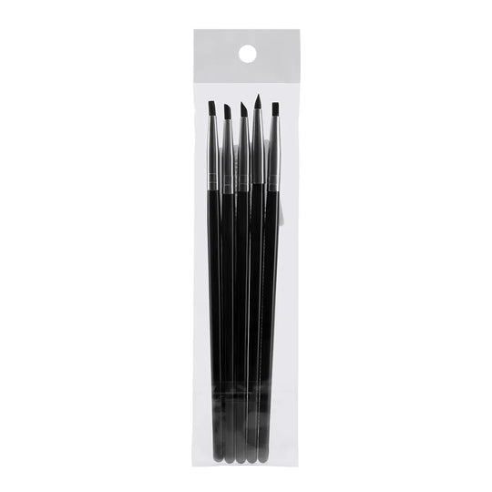 Dental Porcelain Brush Pen set of 5 with different silicone tip shapes for shaping, smoothing, and removing dental composite cement. Black handles in clear plastic packaging. Versatile tools for dental work and art projects.