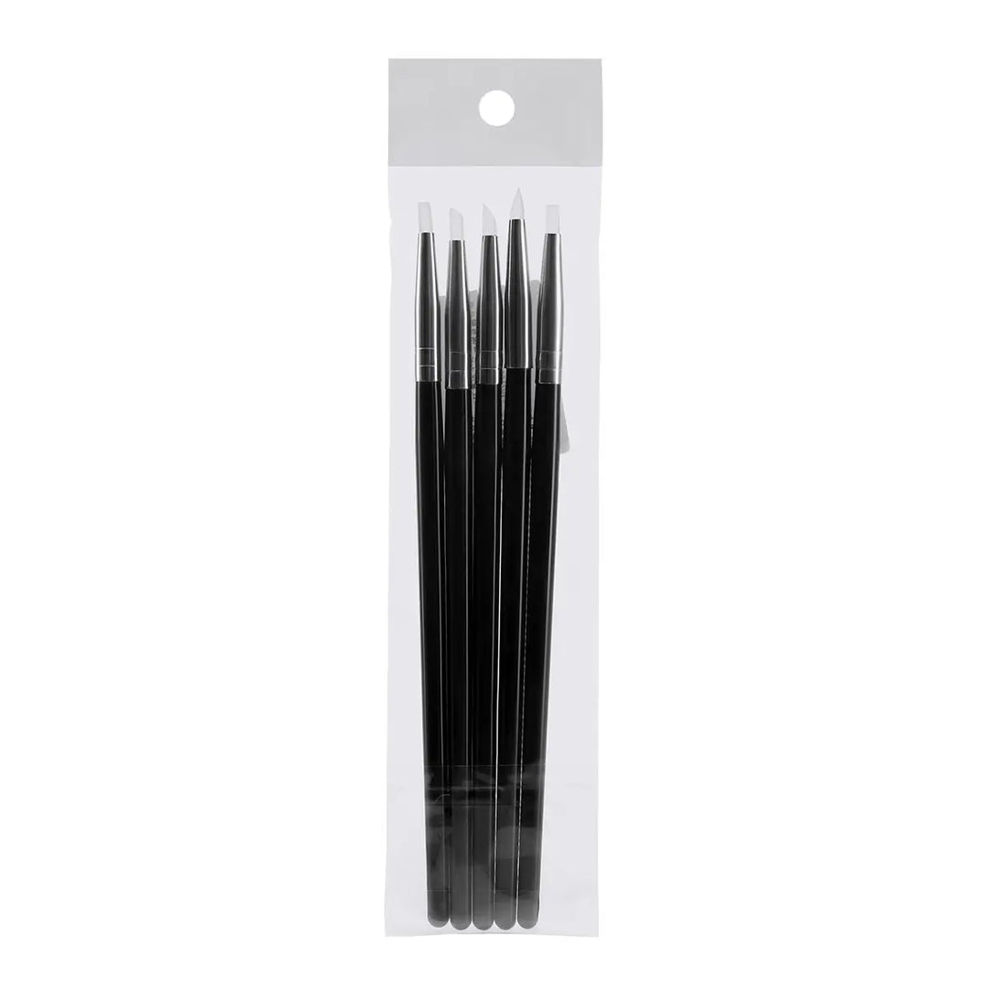 Dental Porcelain Brush Pen Composite Cement Porcelain Silicone Shaping Smoothing Removing 5pcs/Bag. Set of 5 black dental brush pens with different silicone tip shapes displayed in clear plastic packaging. Professional dental tools for shaping, smoothing, and removing dental materials.