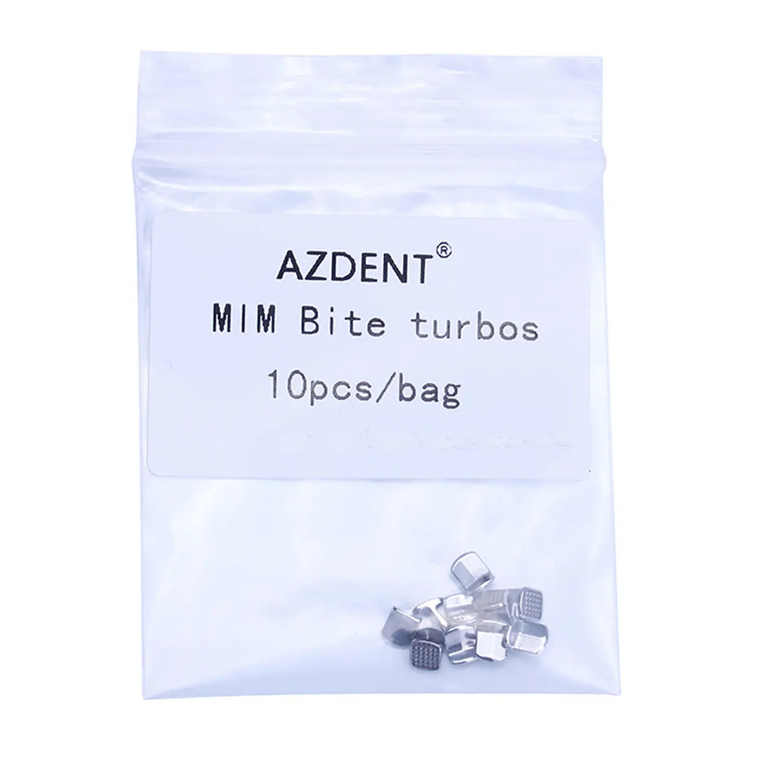 AZDENT MIM Bite Turbos 10pcs/bag for Archwire Brace Buccal Tube Molar Band. Small metal orthodontic devices in resealable plastic bag. Prevents occlusal interference, reduces bond failure, and ensures proper teeth alignment during braces treatment.