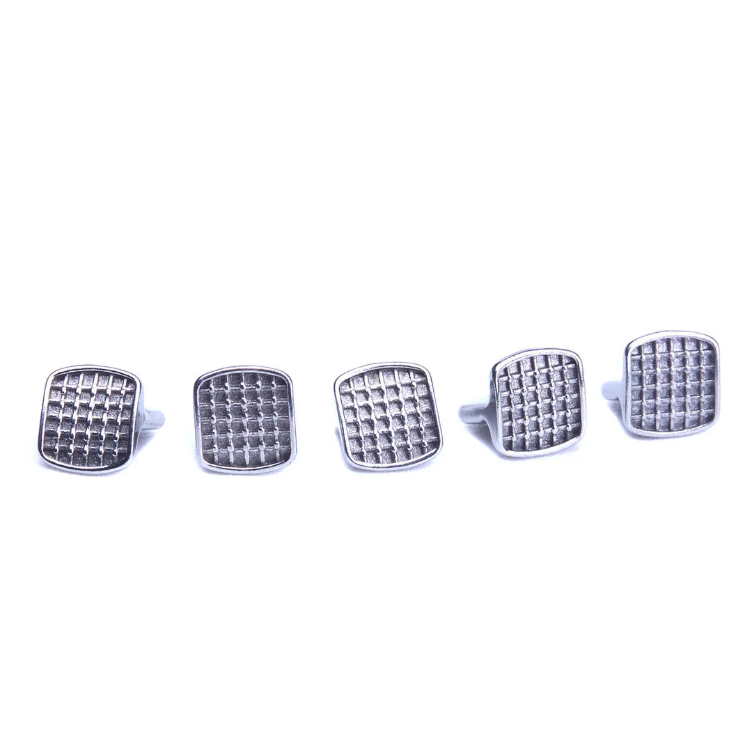 Bite Turbos Archwire Brace Buccal Tube Molar Band 10/Bag: Five square-shaped metal components with grid patterns, used in orthodontic treatments to prevent full closure of teeth and reduce interference, displayed in a row against a white background.