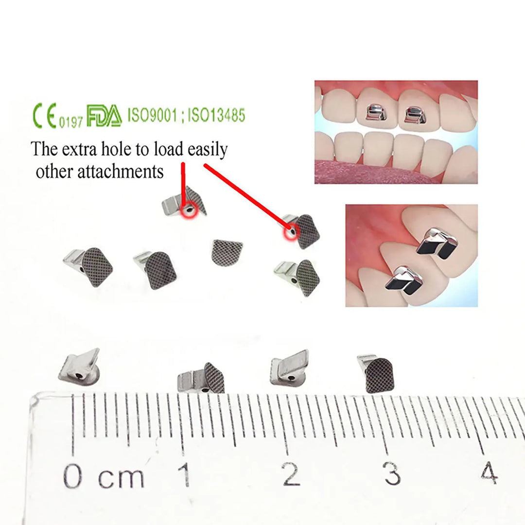 Bite Turbos Archwire Brace Buccal Tube Molar Band 10/Bag: Dental orthodontic components shown with size reference, including close-up images of installation on teeth. Features extra hole for easy attachment loading, FDA and ISO certified.