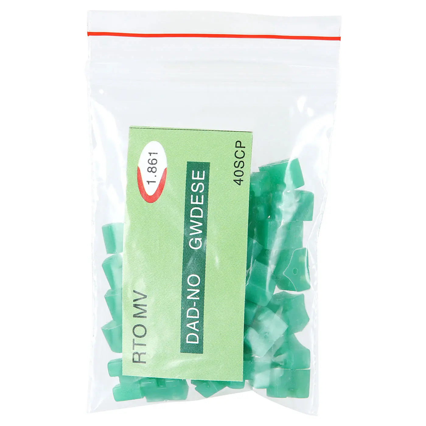 Dental Add On Silicone Wedges 40Pcs/Bag in clear plastic packaging with green label, showing small green silicone wedges inside for dental procedures and restorations, heat-resistant up to 150°C, compatible with various dental rings and springclips